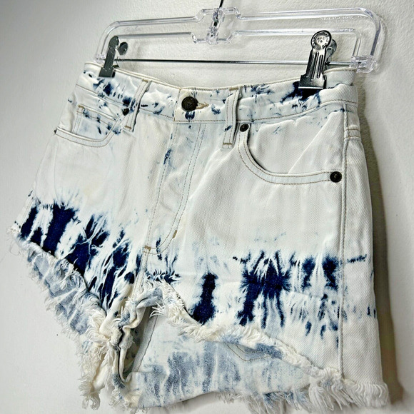 Guess White Bleach Wash Blue Tie-Dye Button Fly Raw Hem Jean Short Shorts 27 - Picture 6 of 10